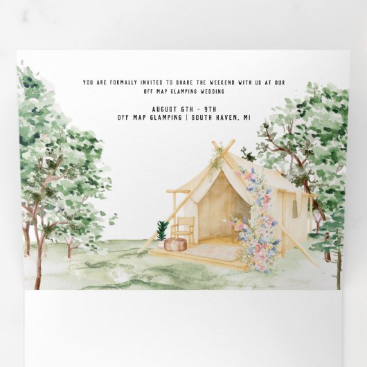 Rustic Forest Glamping Wedding Tri-Fold Invitation Drieluik Uitnodiging (Binnenzijde eerst)