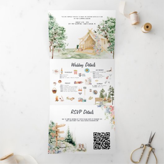 Rustic Forest Glamping Wedding Tri-Fold Invitation Drieluik Uitnodiging (Binnen)