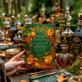 Rustic Forest Green Floral & Gold Autumn Wedding Kaart
