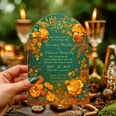 Rustic Forest Green Floral & Gold Autumn Wedding Kaart