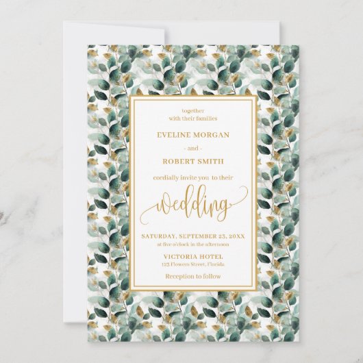 Rustic Forest Green Gold Greenery Huwelijksuitnodi Kaart (Voorkant)