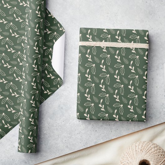 Rustic Forest Green Holly Berry Foliage Kerstmis Cadeaupapier