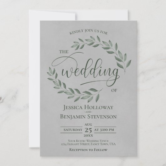 Rustic Forest Green Leaves Elegant Gray Wedding Kaart (Voorkant)