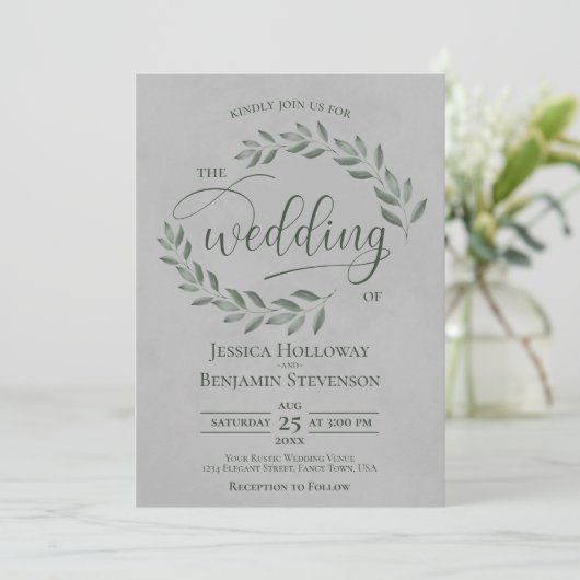 Rustic Forest Green Leaves Elegant Gray Wedding Kaart (Staand voorkant)