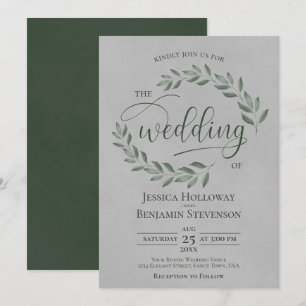 Rustic Forest Green Leaves Elegant Gray Wedding Kaart