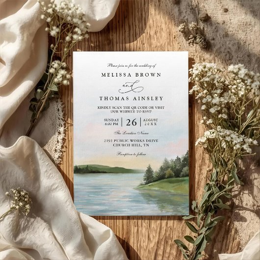 Rustic Forest Lake Landscape QR Code Wedding Kaart