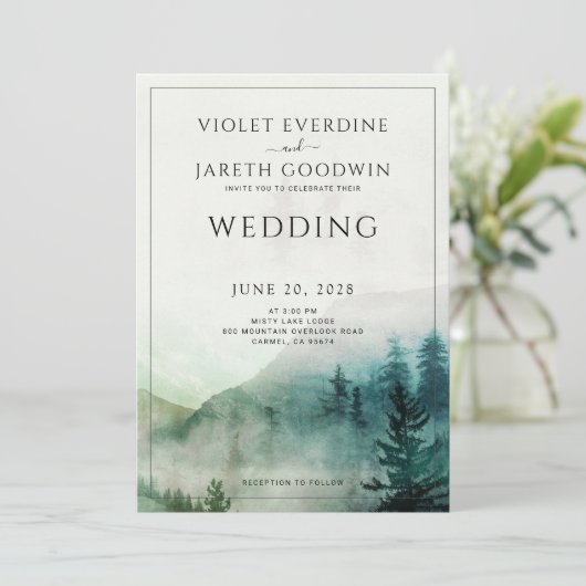 Rustic Forest Mist Waterverf Pine Trees Wedding Kaart (Staand voorkant)