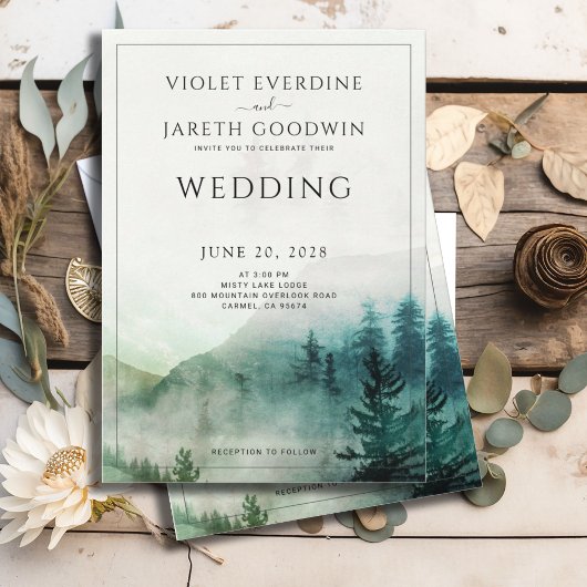 Rustic Forest Mist Waterverf Pine Trees Wedding Kaart