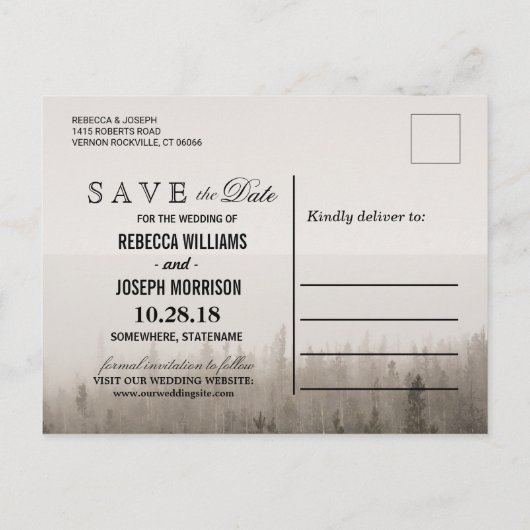 Rustic Forest Misty Landscape Wedding Aankondigingskaart (Achterkant)