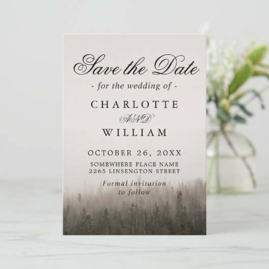 Rustic Forest Misty Landscape Wedding Save The Date (Staand voorkant)