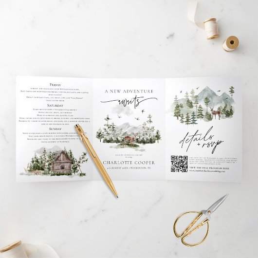 Rustic Forest Mountain Camp vrijgezellenfeest Drieluik Uitnodiging