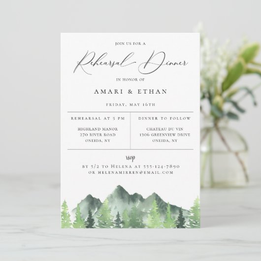 Rustic Forest Mountain Rehearsal Dinner Aankondiging (Staand voorkant)