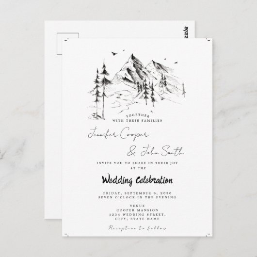 Rustic Forest Mountain Sketch Destination Wedding Briefkaart (Voorkant / Achterkant)