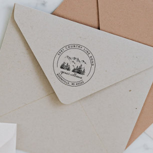 Rustic Forest Mountain Sketch Return Address Zelfinktende Stempel
