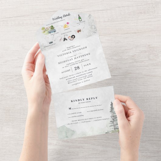 Rustic Forest Mountain Wedding All In One Uitnodiging (Afscheurbaar)