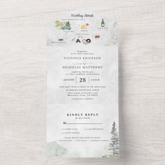 Rustic Forest Mountain Wedding All In One Uitnodiging (Binnen)