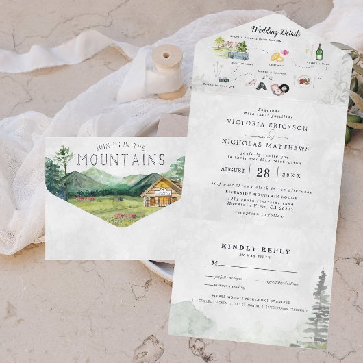 Rustic Forest Mountain Wedding All In One Uitnodiging