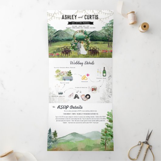 Rustic Forest Mountain Wedding Drieluik Uitnodiging (Binnen)