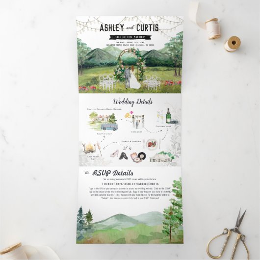 Rustic Forest Mountain Wedding Tri-Fold Uitnodigin Drieluik Uitnodiging (Binnen)
