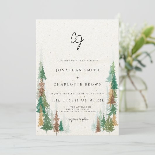 Rustic Forest & Mountains Monogram Weddenschap Kaart (Staand voorkant)