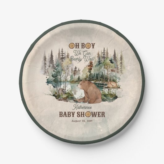 Rustic Forest Oh Boy Barly Wait Baby shower Papieren Bordje (Voorkant)