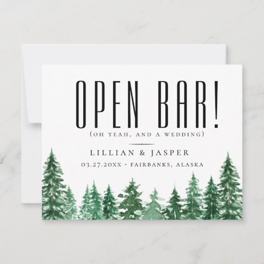 Rustic Forest OPEN BAR Save the Date Humor Aankondiging (Voorkant)