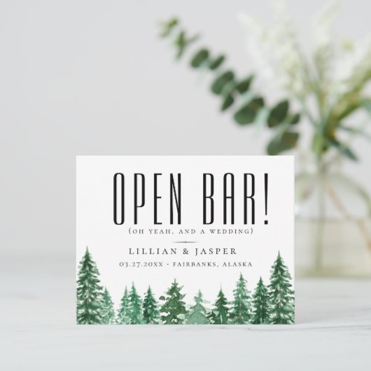 Rustic Forest OPEN BAR Save the Date Humor Aankondiging (Staand voorkant)