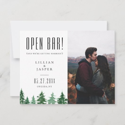 Rustic Forest OPEN BAR Save the Date Humor Aankondiging (Voorkant)