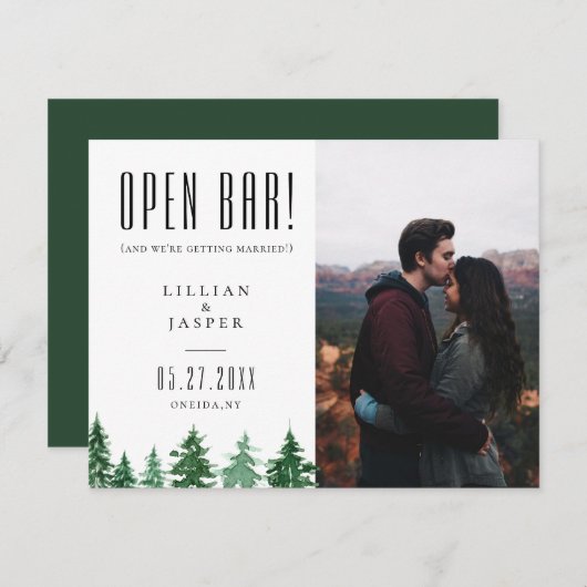 Rustic Forest OPEN BAR Save the Date Humor Aankondiging (Voorkant / Achterkant)