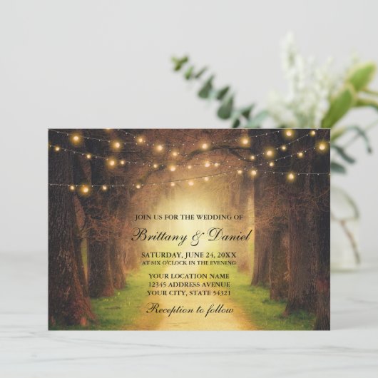 Rustic Forest Path String Lights Photo Wedding Kaart (Staand voorkant)