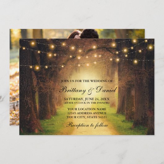 Rustic Forest Path String Lights Photo Wedding Kaart (Voorkant / Achterkant)