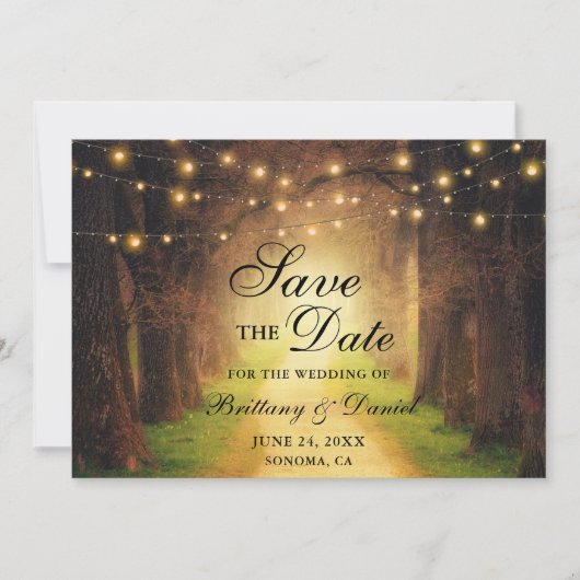 Rustic Forest Path String Lights Photo Wedding Save The Date (Voorkant)