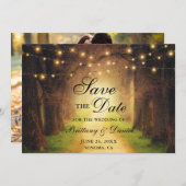 Rustic Forest Path String Lights Photo Wedding Save The Date (Voorkant / Achterkant)