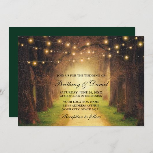 Rustic Forest Path String Lights Wedding Green Kaart (Voorkant / Achterkant)