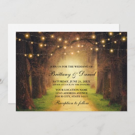 Rustic Forest Path String Lights Wedding Kaart (Voorkant / Achterkant)