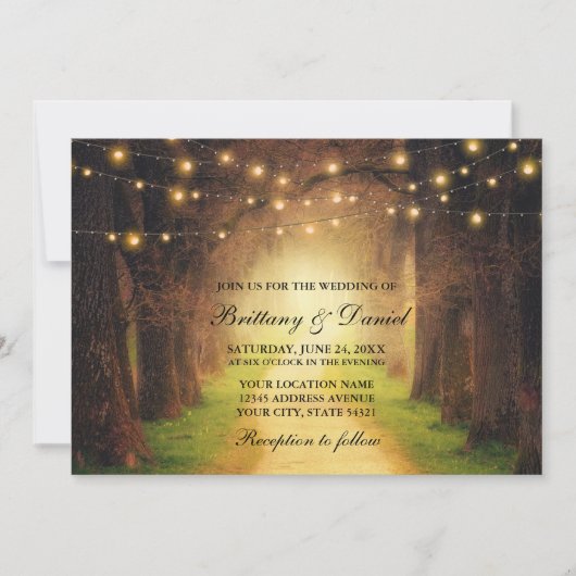 Rustic Forest Path String Lights Wedding Kraft Kaart (Voorkant)