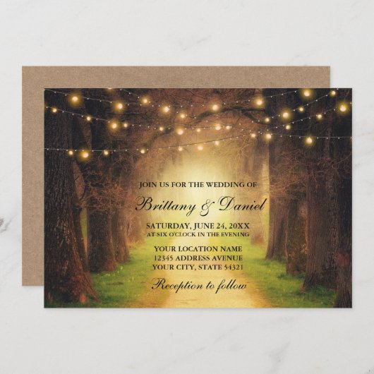 Rustic Forest Path String Lights Wedding Kraft Kaart (Voorkant / Achterkant)