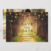 Rustic Forest Path Wedding String Lights Foto Save The Date (Voorkant / Achterkant)