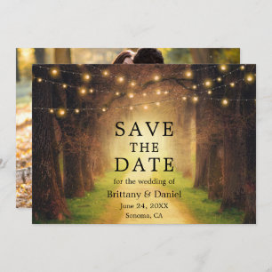Rustic Forest Path Wedding String Lights Foto Save The Date