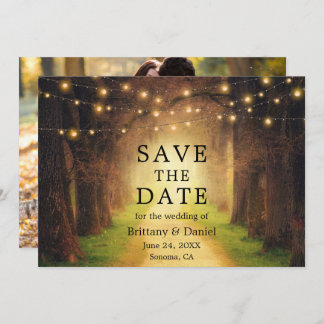 Rustic Forest Path Wedding String Lights Foto Save The Date