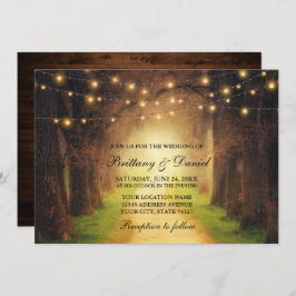 Rustic Forest Path Wood String Lights Wedding Kaart
