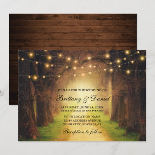 Rustic Forest Path Wood String Lights Wedding Kaart
