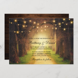 Rustic Forest Path Wood String Lights Wedding Kaart