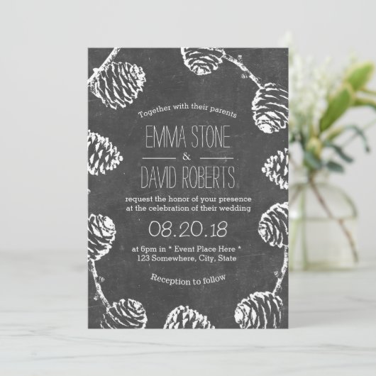 Rustic Forest Pine Cones Chalkboard Wedding Kaart (Staand voorkant)