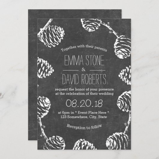 Rustic Forest Pine Cones Chalkboard Wedding Kaart (Voorkant / Achterkant)