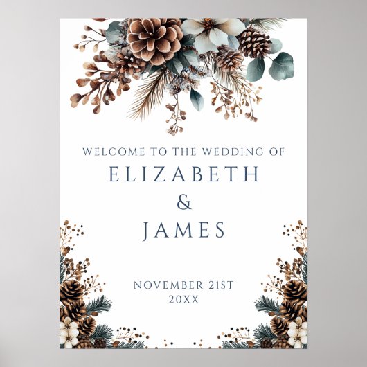Rustic Forest Pinecone Floral Wedding Welkomstbord Poster (Voorkant)
