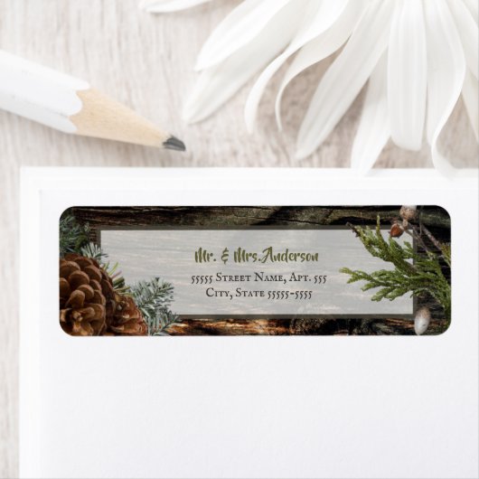 Rustic Forest Wedding Dark Wood Evergreen Bough Etiket (Insitu)