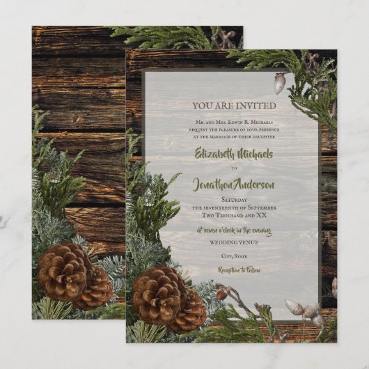 Rustic Forest Wedding Dark Wood Evergreen Bough Kaart (Voorkant / Achterkant)