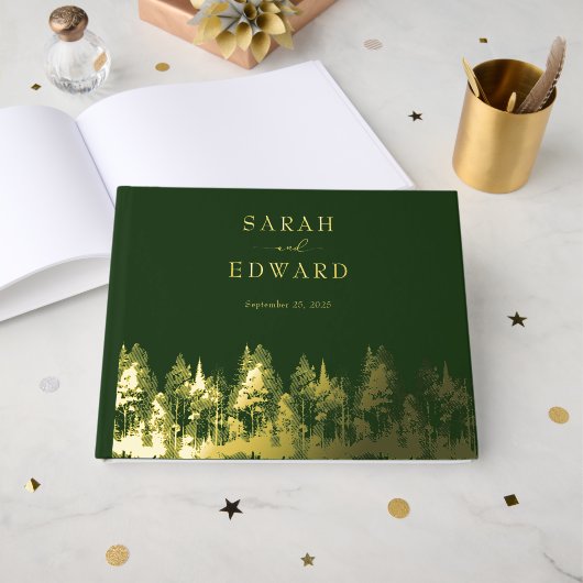 Rustic Forest Wedding Gold Folie Guestbook Gastenboek (Voorkant open)