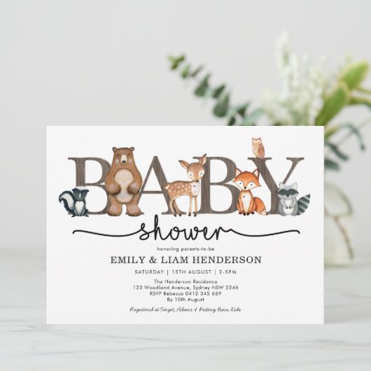 Rustic Forest Woodland Animals Baby shower Kaart (Staand voorkant)